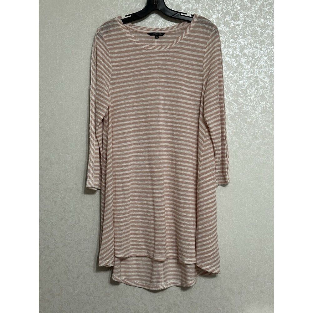 John Mark Semi-Sheer 3/4 Sleeve‎ Pink White Striped High Low Tunic Top / Dress L